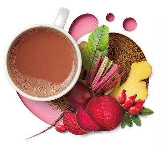Instant barley beverage with beetroot juice, rose hip and ginger